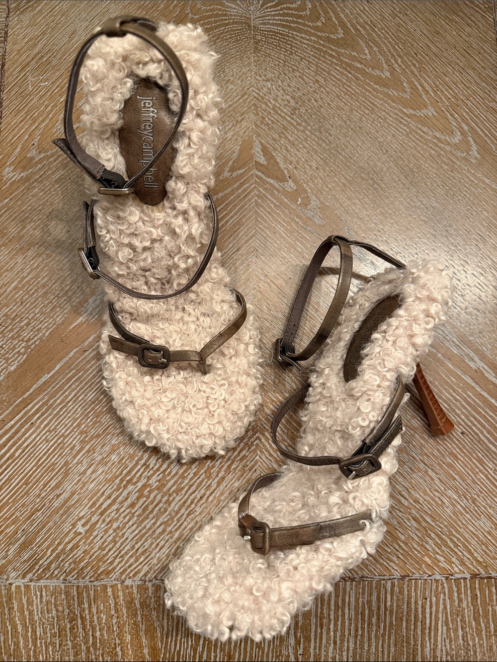 Jeffrey Campbell Cream Faux-Shearling Strappy Sandals with Brown Straps 7.5